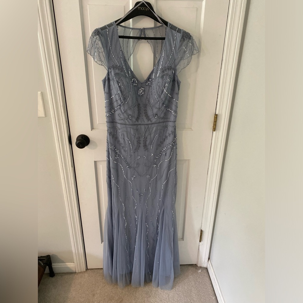 Adrianna Papell Blue Flutter Sleeve V-Neck Gown